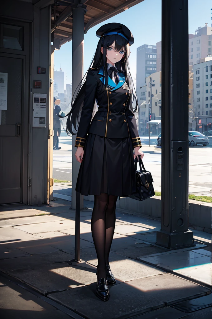 1woman, long black hair, blue eyes, academy uniform, beret, standing on ground, high res, ultra sharp, 8K, masterpiece