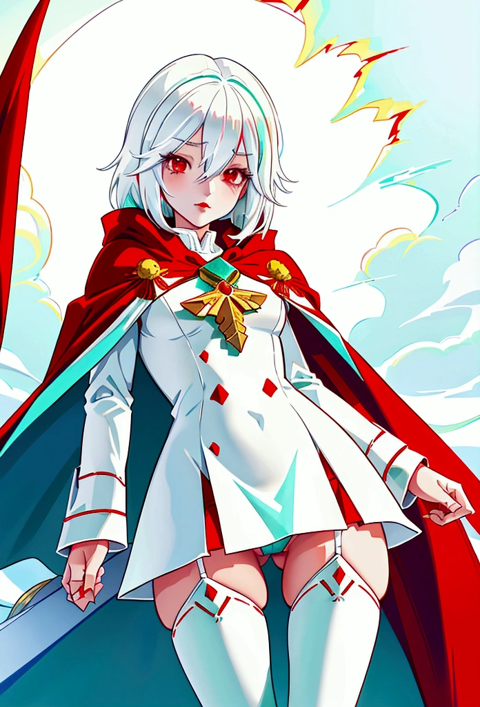 (My little pony), anthro, ((turquoise to white hair gradient)), white body, red eyes, medium breasts, red lips, perfect lines, beautiful quality, room, very shy, ((red mage cape)), radiant light, red stockings, white panties, cameltoe