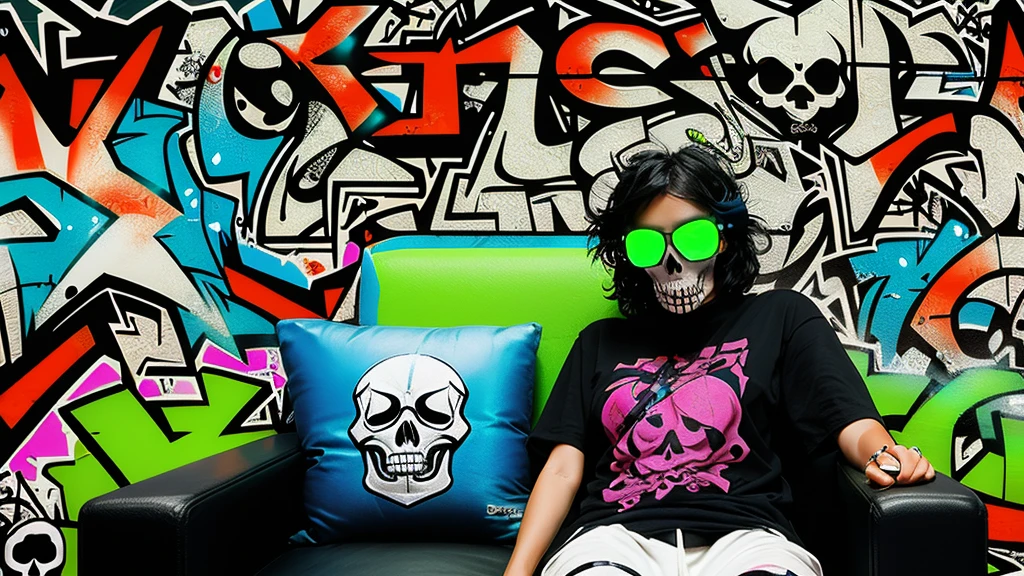stylish t-shirt design, (best details) (highest quality), Strongest pirate girl wearing sunglasses sitting on a sofa chair, (((graffiti art))), (((Trigger Studio style, graffiti art, skull fashion, Neon color))), khan griffith, black hair