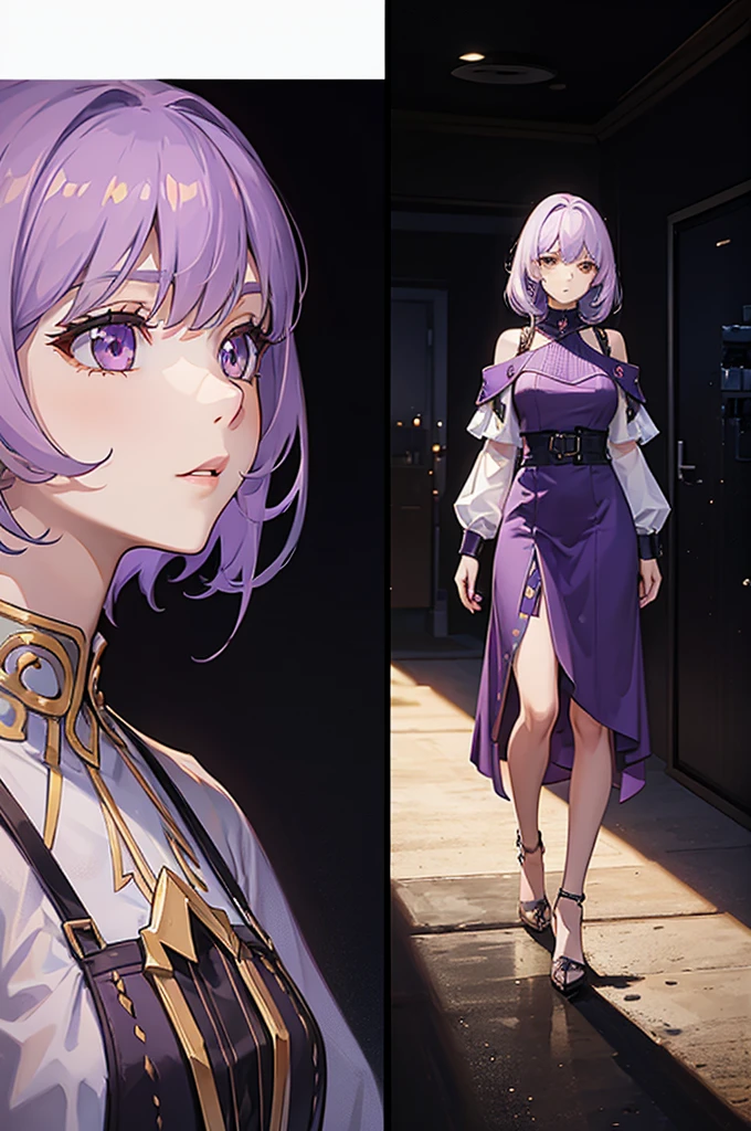1 woman, tall, light purple hair, golden eyes, dress, standing on ground, high res, ultra sharp, 8K, masterpiece