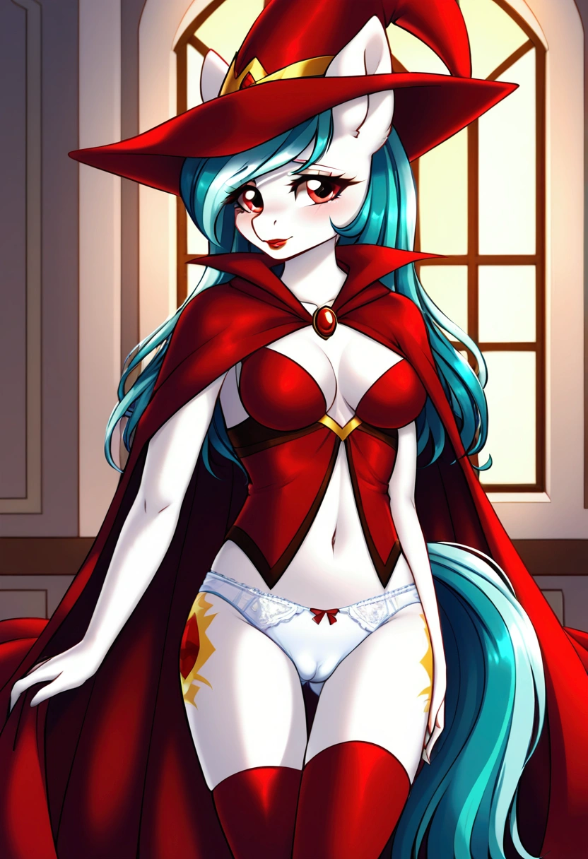 (My little pony), anthro, ((turquoise to white hair gradient)), white body, red eyes, medium breasts, red lips, perfect lines, beautiful quality, room, very shy, ((red mage cape)), mage hat, radiant light, red stockings, white panties, cameltoe 