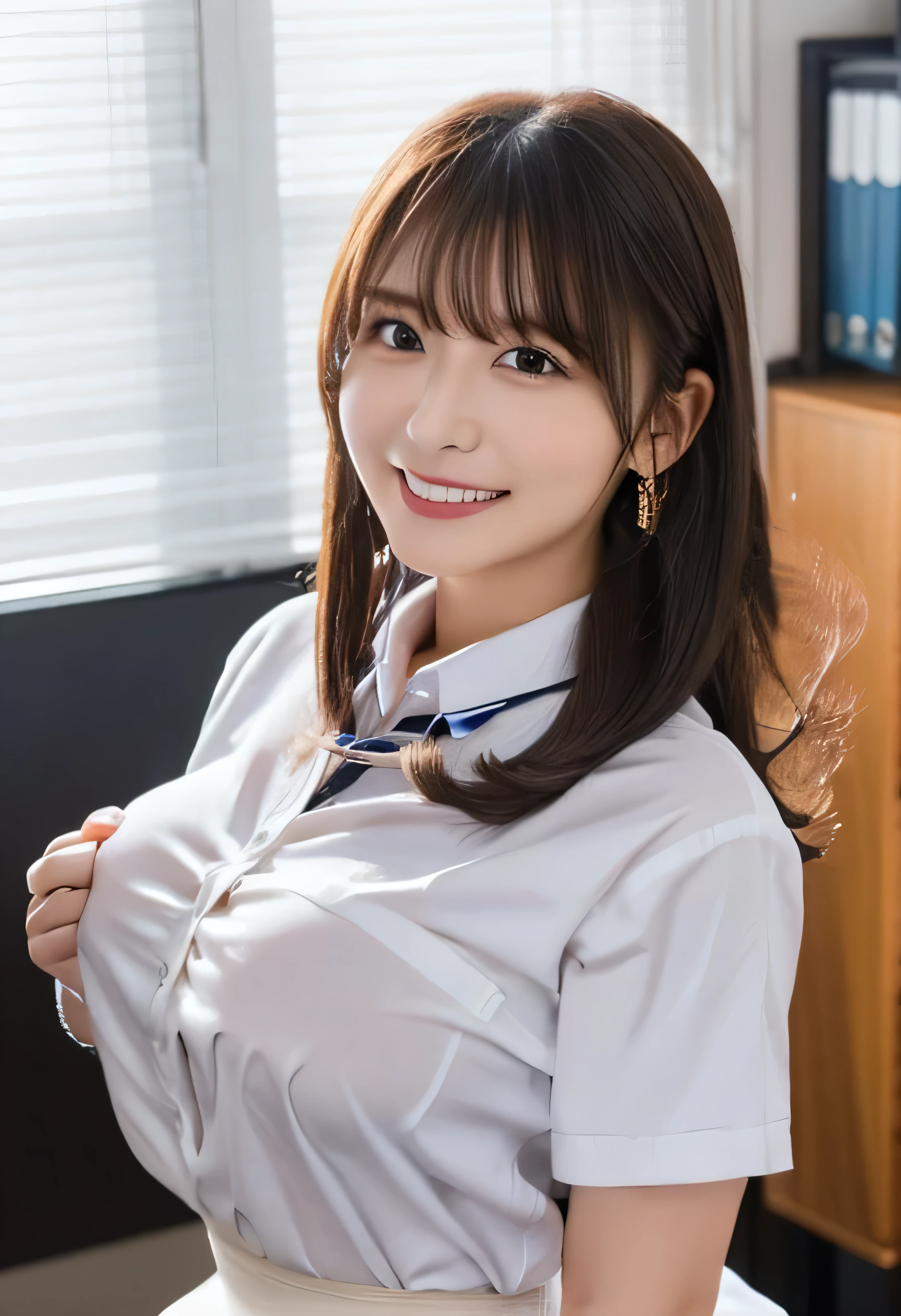 (Show off your 、Getting naked:1White collared shirt、Tied up hairhoto from the waist up:1.4).One Girl, Cool Biz、(Put your hands on the desk and stick your butt out、office、Herural G-cup breasts are visible evegh her clothes、Office Lady Uniform、Cute beauty, Delicate girl:1.3), (24-years-old:1.3),(Smiling with teeth showing、Cute smiling eyes、Cute loose perm、(Fluffy hair、Loose perm、Braid only the bangs:1.4)Braid only the bangs、Fluffy hair、Medium Short Hair、Wearing an office lady skirt、Round and ample breasts、Curved waist、Photo froaist up:1.4)
Very beautiful eyes, (Office Lady Uniform:1.3), (G-cup big breasts:0.5), Brown eyes, Parted t brown hair,
, A face of ecstasy、(The expression of ecstasy、A face of ecs0),
, (masterpiece, Highesty, Super detailed,ed face, 8k)