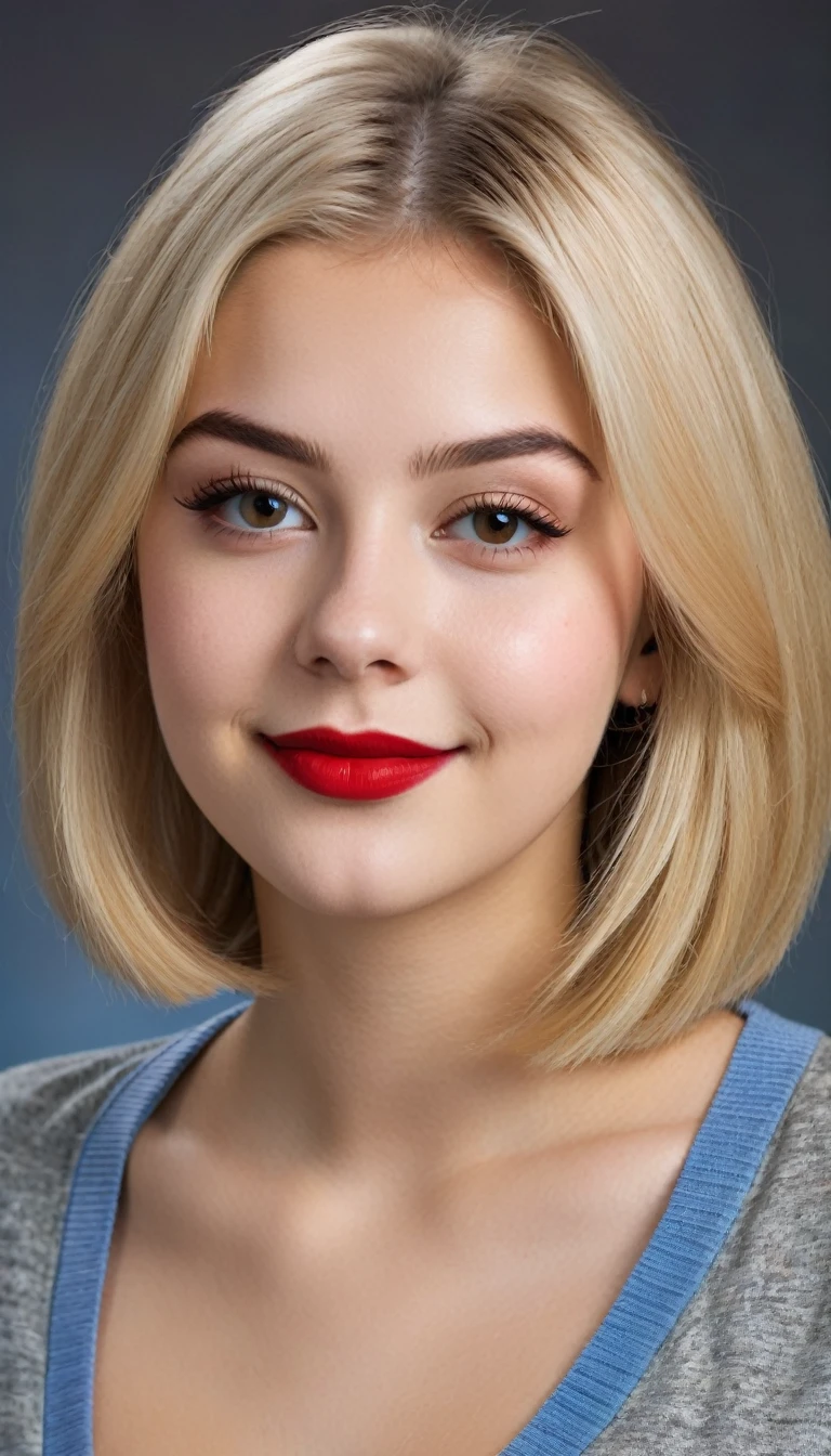 ultrarealistic high quality mugshot photo of a beautiful busty european 18-year-old teen girl with cute hyperdetailed shy happy face and shoulder length platin-blonde classic bob and long legs, realistic round eyes, red lipgloss, decent makeup with eyeliner, wearing casual workday outfit, cleavage, hourglass body, indoor office photography