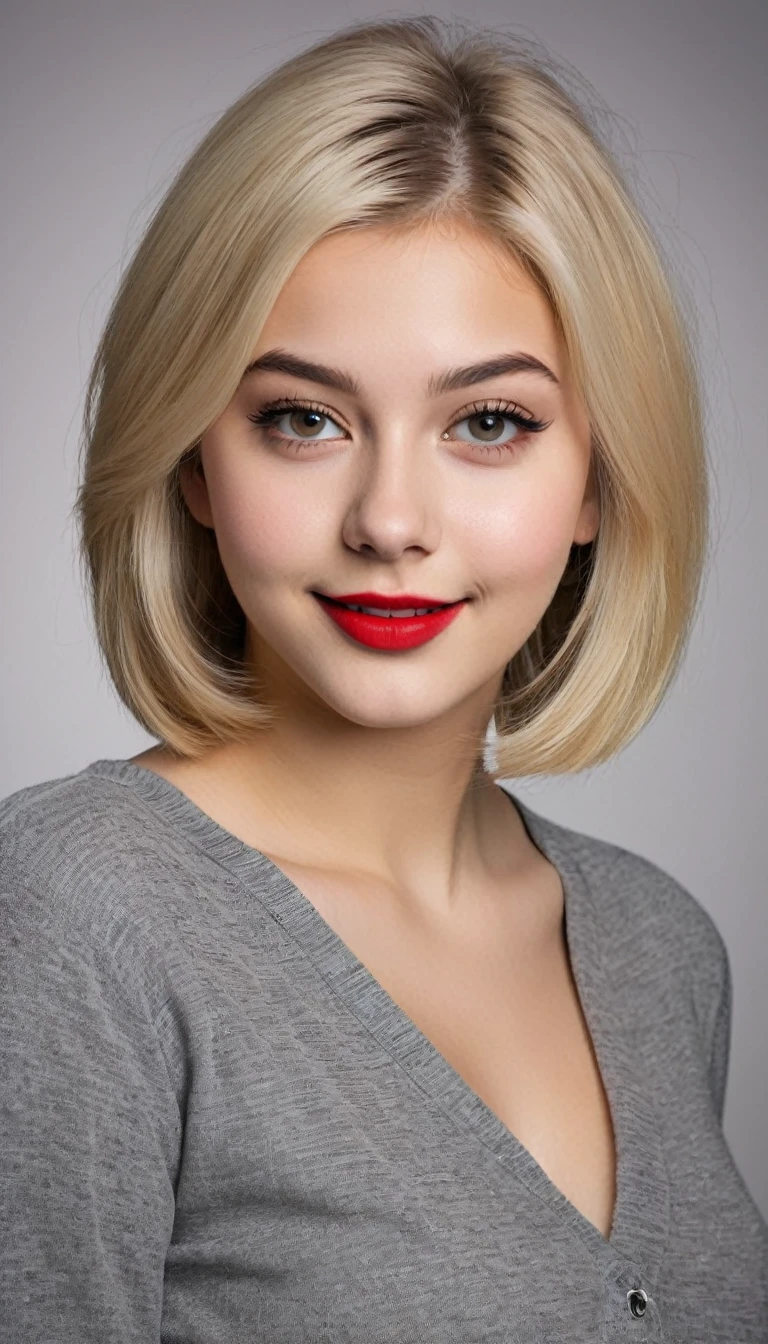 ultrarealistic high quality mugshot photo of a beautiful busty european 18-year-old teen girl with cute hyperdetailed shy happy face and shoulder length platin-blonde classic bob and long legs, realistic round eyes, red lipgloss, decent makeup with eyeliner, wearing casual workday outfit, cleavage, hourglass body, indoor office photography