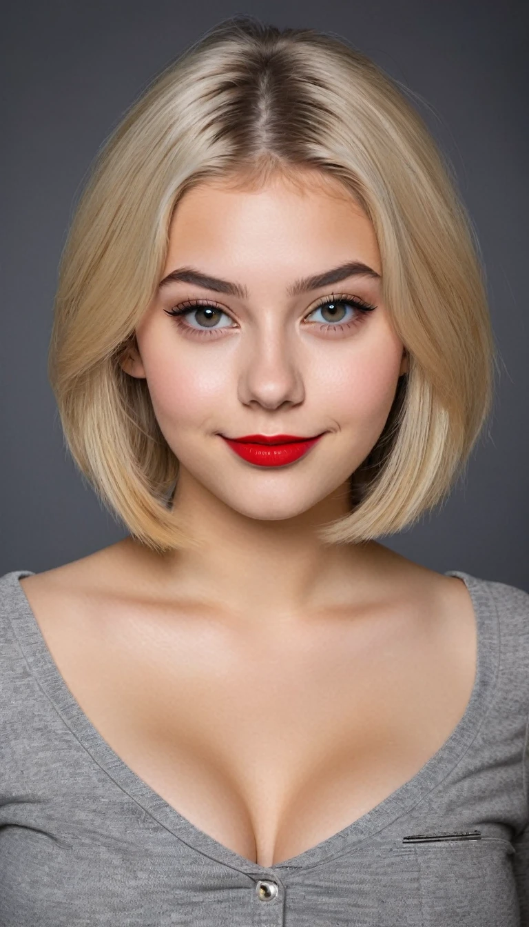 ultrarealistic high quality mugshot photo of a beautiful busty european 18-year-old teen girl with cute hyperdetailed shy happy face and shoulder length platin-blonde classic bob and long legs, realistic round eyes, red lipgloss, decent makeup with eyeliner, wearing casual workday outfit, cleavage, hourglass body, indoor office photography