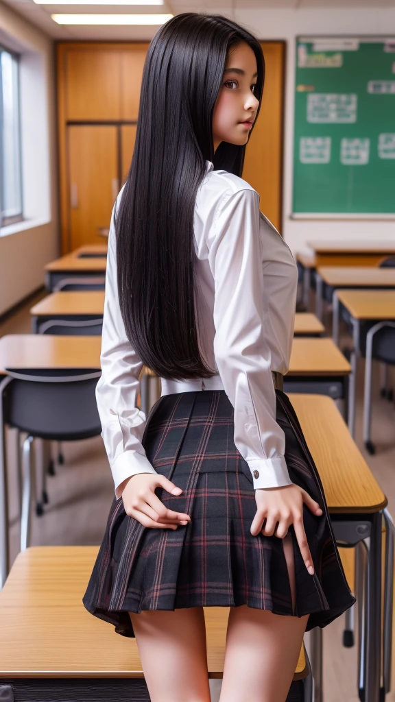 Four 12-year-old high school girls, very long straight black hair, erect nipples, big breasts, thin waist, long and shapely legs, A white blouse, Checkered skirt, school, board, desk,desks,(showing buttocks and looking back) (views from behind)ultra detailed,8k quality