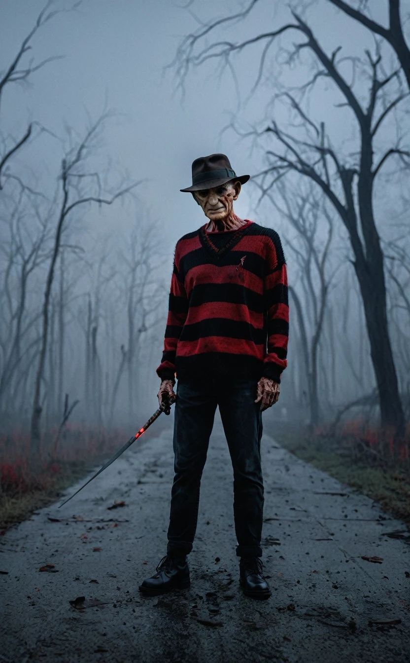 ８ｋ、Dark fantasy、Foggy night city、Ultra HD、Amazing image quality,４ｋ、A Nightmare on Elm Street、Freddy Krueger、Wearing a hat、Burned Skin、Fearless smile,Red and black striped sweater、nails are long、Full Body Shot,Give the viewer a malicious look, Grabbing Viewer, For the viewer,Misty marshland background,Shallow depth of field, Vignette, Very detailed, High budget, Bokeh, CinemaScope, Sulky, amazing, nice, Film Grain, granular . Creepy, Anxious, dark, Creepyな, Suspenseful, strict, Very detailed