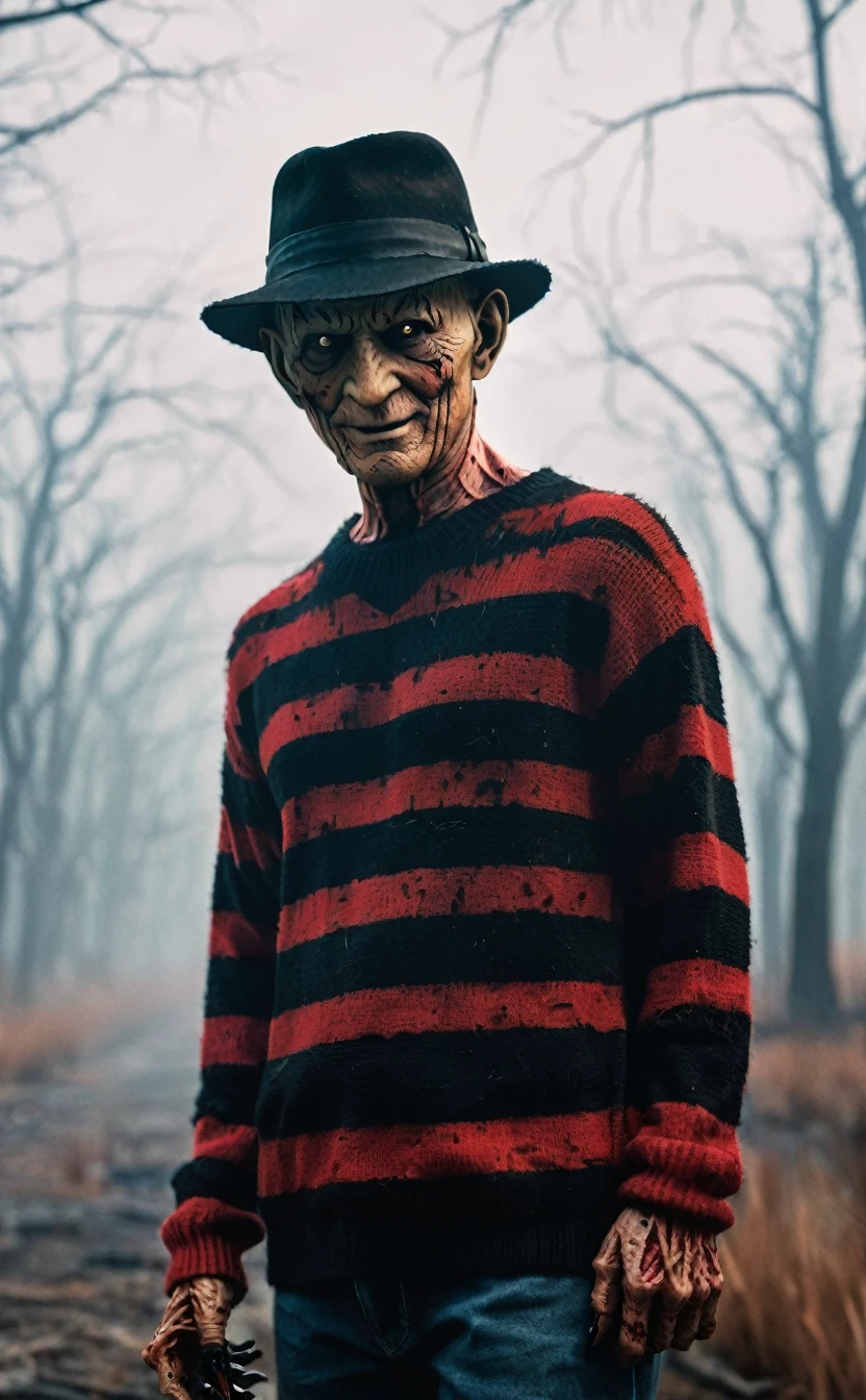 8k、Dark fantasy、Foggy night city、Ultra HD、Amazing image quality,4k、A Nightmare on Elm Street、Freddy Krueger、Wearing a hat、Burned Skin、Fearless smile,Red and black striped sweater、nails are long、Full Body Shot,Give the viewer a malicious look, Grabbing Viewer, For the viewer,Misty marshland background,Shallow depth of field, Vignette, Very detailed, High budget, Bokeh, CinemaScope, Sulky, amazing, nice, Film Grain, granular . Creepy, Anxious, dark, Creepyな, Suspenseful, strict, Very detailed