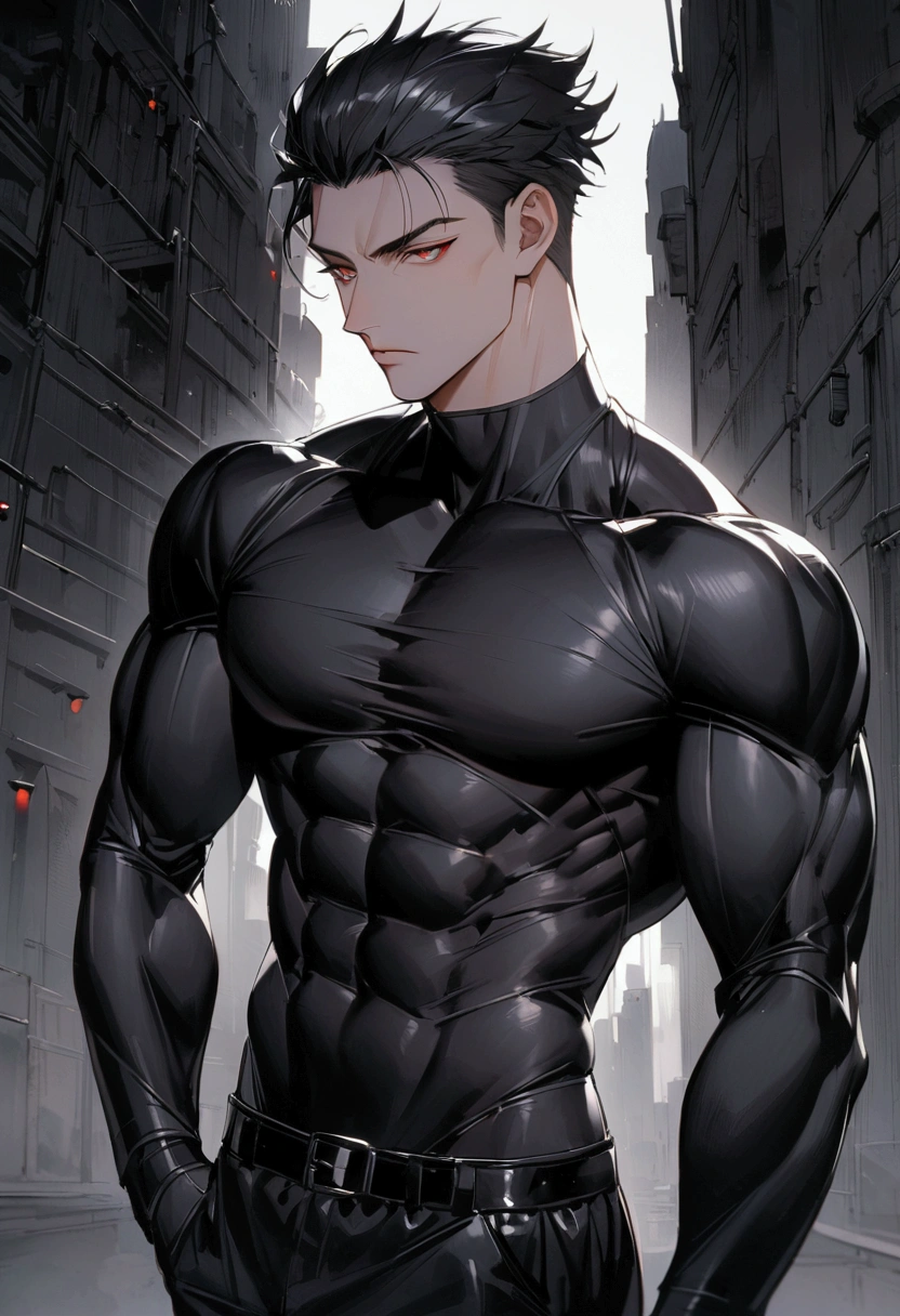 masculine man, tall, muscular, long-sleeved sports shirt made of black lycra, short black hair combed back and red eyes, black belt and black gloves, slim, 24 years old