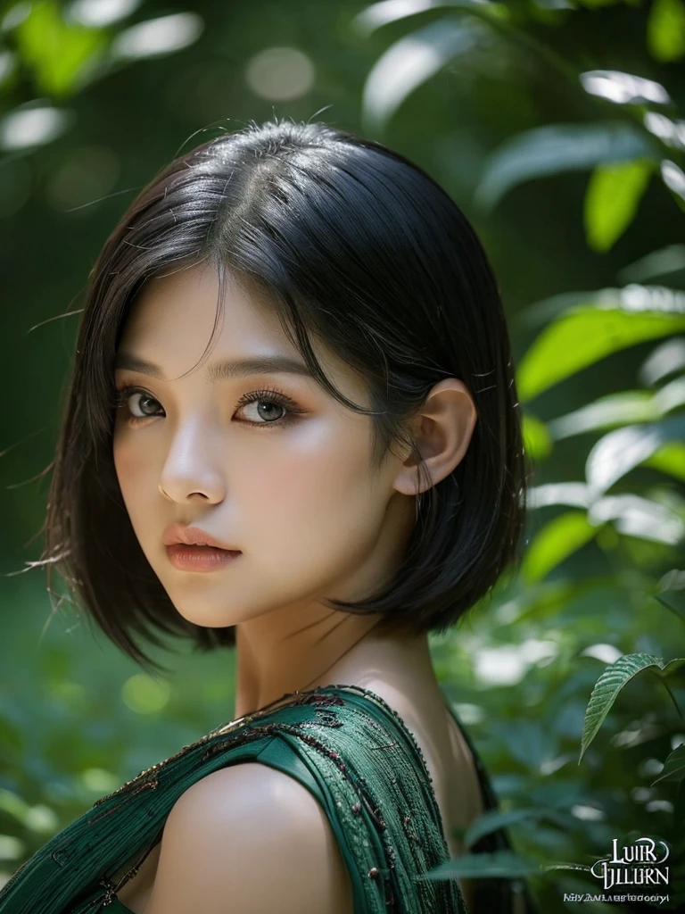 A beautiful raven-haired girl (kim Jennie from blackpink) with short hair, dressed as an elf, standing in a lush forest with dark colors, (1girl,elf,short hair,raven hair,dark forest,busty,fantasy,detailed face,beautiful detailed eyes,beautiful detailed lips,extremely detailed eyes and face,long eyelashes,elven,nature,lush vegetation,moody lighting,dramatic lighting,rich colors,chiaroscuro,dark fantasy,fantasy portrait,ethereal,mystical)