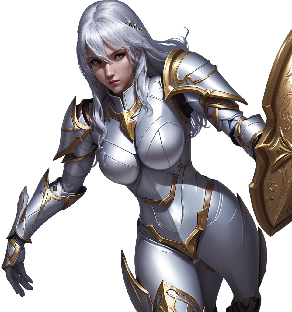 paladin, female, full armor, white armor, sexy, pretty face face, glowing armor, wonderfull, looks like "leona" from "league of legends", full body