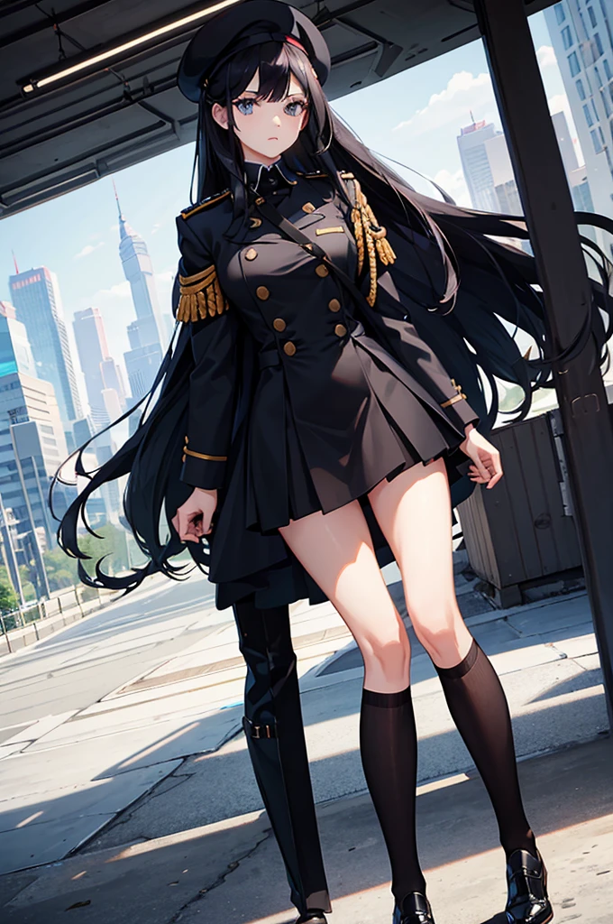 1woman, long black hair, blue eyes, academy uniform, beret, standing on ground, high res, ultra sharp, 8K, masterpiece