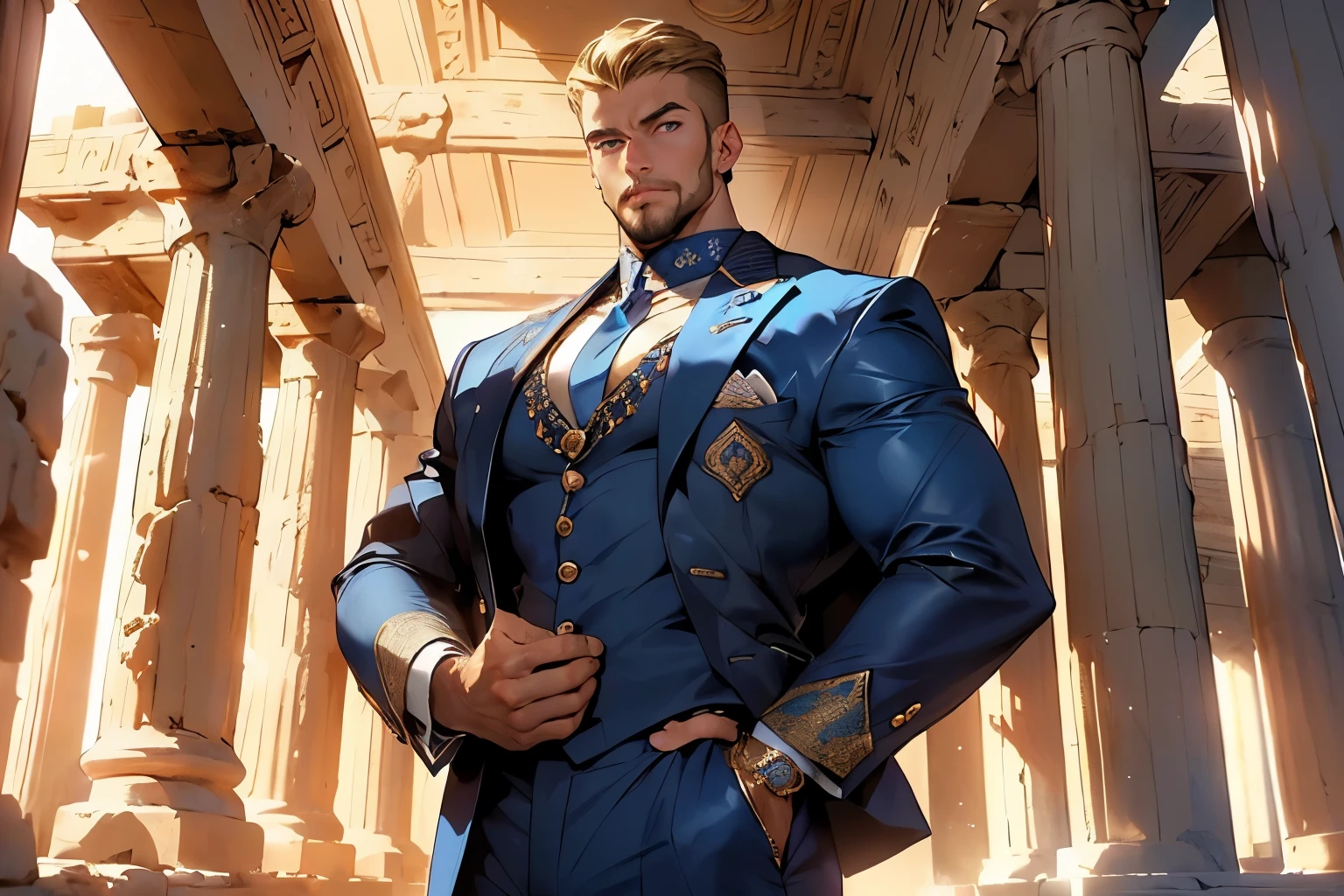 (man:1.5),1 man,male, muscle, 1 chico, muscle, pectoral,  muscular, Mature man,45 years,1 man,macho man,perfect body,an extremely delicate and beautiful detailed face,((by rubio,cute hairstyle,short by rubio)),(((blonde very short beard, blonde very short beard))), (((Blue_eyes:1.3))),intricate eyes,Beautiful detailed eyes,symmetrical eyes,Perfect face, cute hairstyle,perfect proportions, Thick, ((detailed face)),macho man,

(male Caucasian Prince),Prince,

(((shiny skin:1.5,tanned skin,shiny skin: 1.5,tanned skin,shiny skin,very shiny skin,shiny body))),powerful,heroic,NSFW,

 Caucasian,elegant,

(open to that, arabic fashion,Arab of that, Cowboys,White shirt,  masculine traits, modern style,Arabic clothing),(((Blue toga, blue toga suit, wearing a blue toga:1.3,arab Blue toga))),(arabic jewelry,intricate necklace),((bulge in pants)),(((intricate outfit,intricate clothes,embellished suit))),

(dynamic pose:1.0),ashamed,(centered,Scale to fit dimensions,rule of thirds),

inside,interior,((room in a greek temple:1.3,columns of a greek temple:1.3)),scenery:1.25,((intricate scenery)),((winter decorations)),

(Bright winter decorations),high resolution,sharp focus,(ultra detailed,extremely detailed),(photorealistic artwork:1.37),(extremely detailed CG unity 8k wallpaper),(((vibrant colors,vibrant theme))),(intricate),(Masterpiece),(Best Quality),
