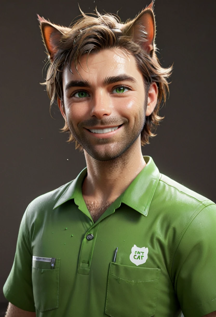 cat character, male, humanoid, adult, with brown fur, hairy, green eyes, tired, wearing work uniform, sweaty, smiling at the camera, concept art, 3d, unreal engine