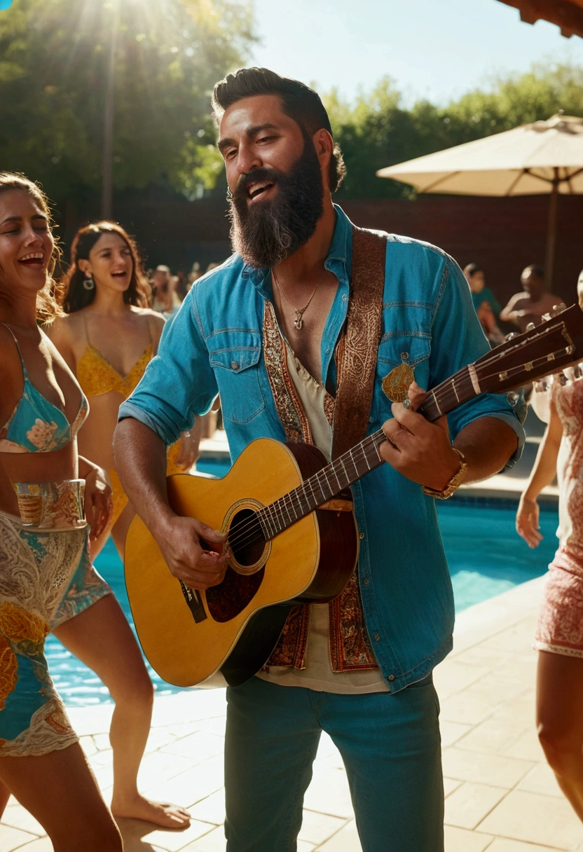 a lot of latin people drinking beer, people eating barbecue, people dancing, one bearded man playing guitar, sunlight in background, swimming pool, detailed facial features, intricate clothing textures, vibrant colors, dynamic movement, cinematic lighting, photorealistic, 8k, highly detailed