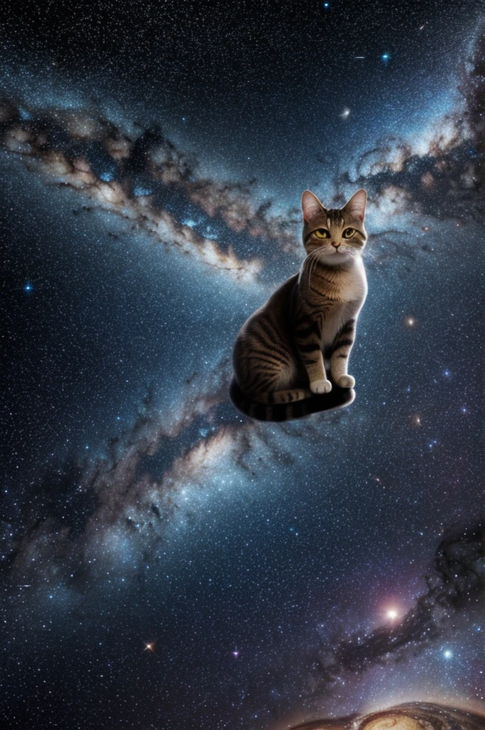A cat floating in a universe full of galaxies and stars