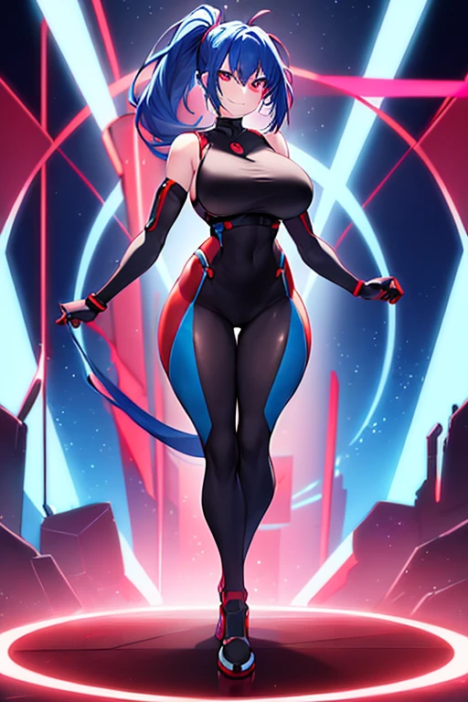 1girl, red eyes, blue hair, short hair, ponytail, large breasts, hourglass figure, bodysuit, black bodysuit, neon, neon trim, machinery, tech, science-fiction, futuristic, smile, standing, full body, ((full body)), ((long ponytail)), arms down, hands down