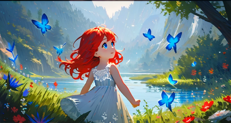 Diagonally view. A little girl with messy middle-length red hair and blue eyes, wearing a white lace dress and shoes, is looking up at a blue butterfly that is flying away. The scene should be rendered in a happy, gray textured, painterly fantasy style, reminiscent of an artistic, detailed anime, with elements of a charcoal sketch effect. Whimsical and magical, in a lush outdoor environment with elements like grass, flowers.detailed matte painting, deep color, fantastical, intricate detail, splash screen, complementary colors, fantasy concept art, 8k resolution trending on Artstation Unreal Engine 5,eznegativexl,