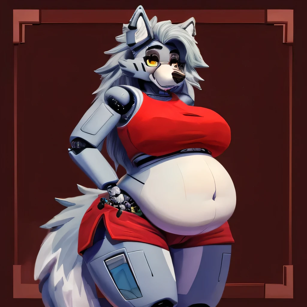 (masterpiece), ((perfect anatomy)), (high Res), (4k), wolf, huge breast, big belly, chubby, yellow eyes, wide hips, (robot), (animatronic), happy, ((red top)), ((red shorts)), long hair, (cute artstyle), (((solo))), ((1girl)), weight gain