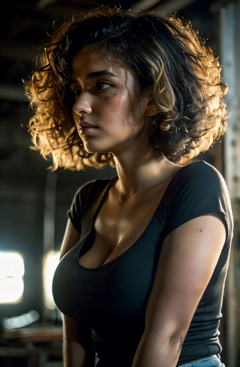 (close up, Editorial photography of a 30-year-old woman), background inside a private workshop, turner, Dirty environment, Parts, moody fluorescent lighting: 1.OV, de Lee Jeffries, Nikon D850, film photography, 4 kodak portra 400, F1 camera lenses.6, rich colors, hyperrealistic, realistic texture, dramatic lighting, Cinemastill 800, Wavy hair, Messy hair, curls, looking in another direction, Back, rear facing ((she has her back to me)), hair blonde, wearing dirty jeans, fatter. Curvy Body, ((Curvy)) latina skin, black tee, latina woman, latina skin, sweaty skin, perspiration, sweating ((fully body))