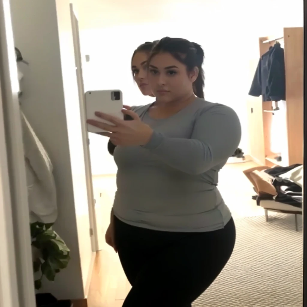 there is a woman taking a selfie in a mirror, wearing tight shirt, tight shirt, 2 4 year old female model, mirror selfie, her hair is in a pony tail, her face flushing and sweat, she is facing the camera, tight outfit, 19-year-old girl, leaked photo, leaked footage, leaked image, standing in front of a mirror wearing a tight joga pants with a detailed camel toe