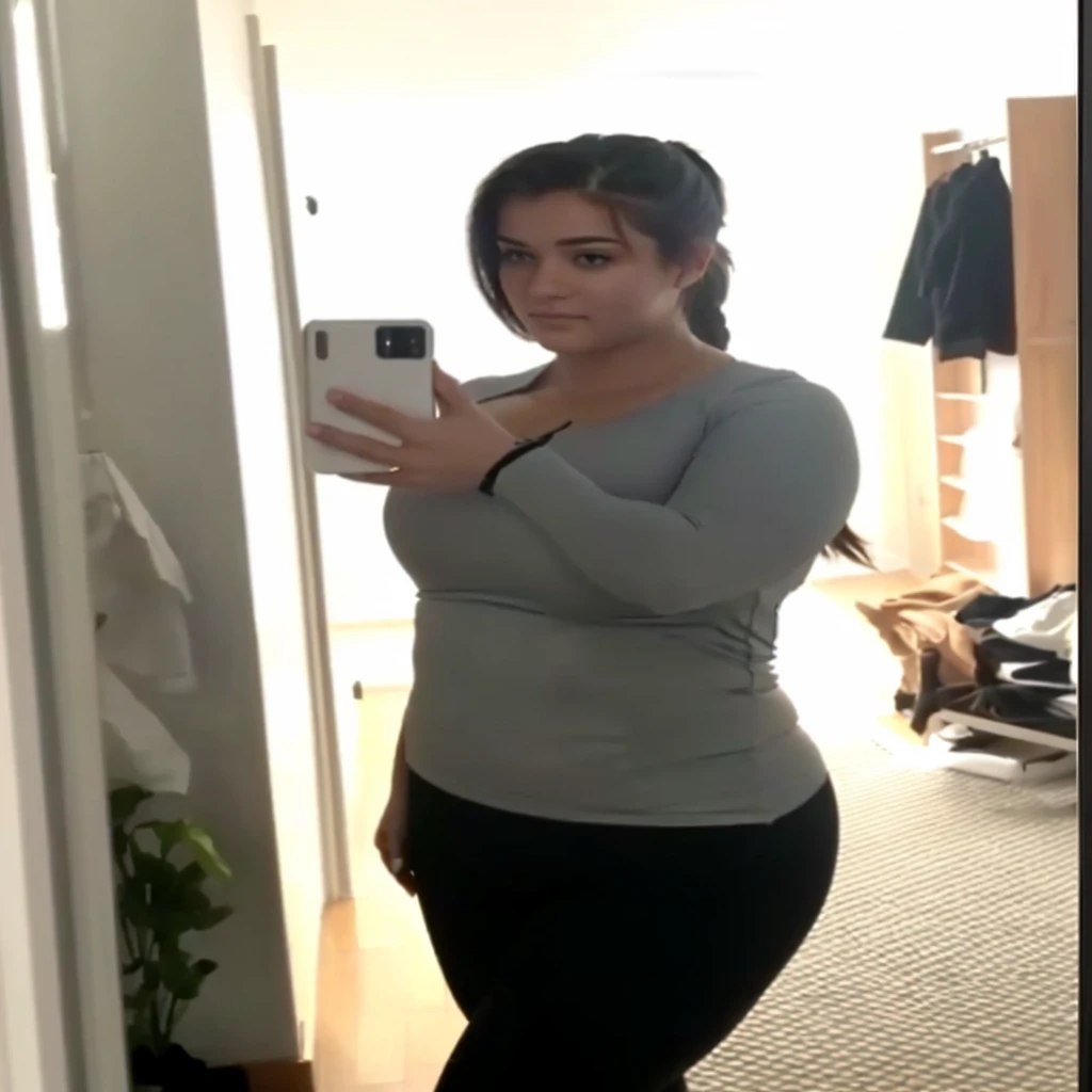 there is a woman taking a selfie in a mirror, wearing tight shirt, tight shirt, 2 old female model, mirror selfie, her hair is in a pony tail, her face flushing and sweat, she is facing the camera, tight outfit, 19-year-old girl, leaked photo, leaked footage, leaked image, standing in front of a mirror wearing a tight joga pants with a detailed camel toe