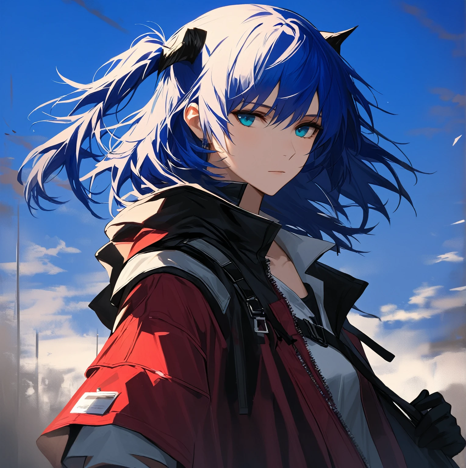 (woman), ((Mostima from arknights)), masterpiece, best quality, blue hair, ((short hair)), ((pony tail hair)), horns, plain white shirt, red fullbody coat, dark blue eyes, realistic anime style, faint smile, ((portrait)), black gloves, carring a bag.