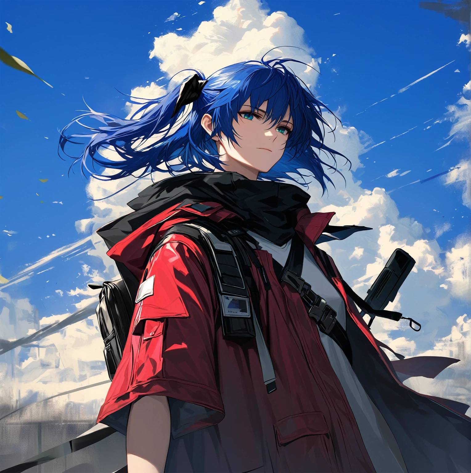 (woman), ((Mostima from arknights)), masterpiece, best quality, blue hair, ((short hair)), ((pony tail hair)), horns, plain white shirt, red fullbody coat, dark blue eyes, realistic anime style, faint smile, ((portrait)), black gloves, carring a bag.
