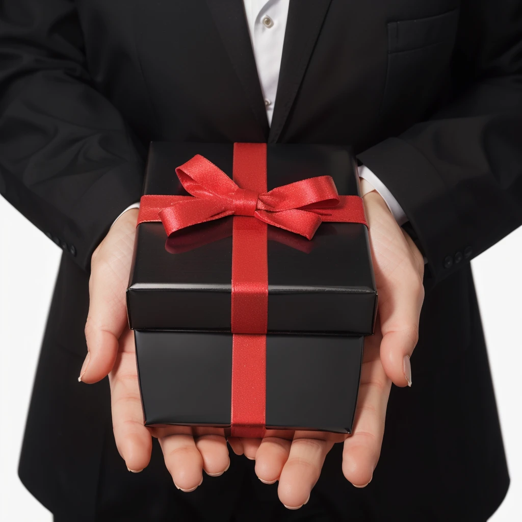 close-up of a man, holding a black gift box with a red ribbon, holding a gift, giving Gifts to people, Gifts, presentation of goods, shutterstock, very attractive, presents, surprise, Promotional, very professional, very intense, Promo, Packshot, Screenshot, Holding things in your hands, photo - shot, Prizes, detailed image, grandiose!, illustration]