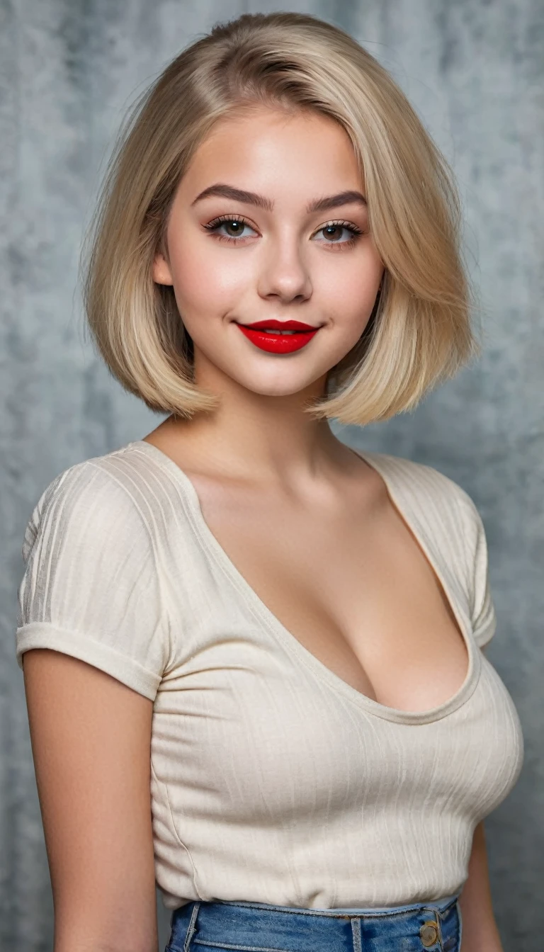 ultrarealistic high quality mugshot photo of a beautiful busty european 18-year-old girl with cute hyperdetailed shy happy face and shoulder length platin-blonde classic bob and long legs, realistic round eyes, red lipgloss, decent makeup with eyeliner, wearing casual day-off outfit, cleavage, hourglass body, indoor office photography