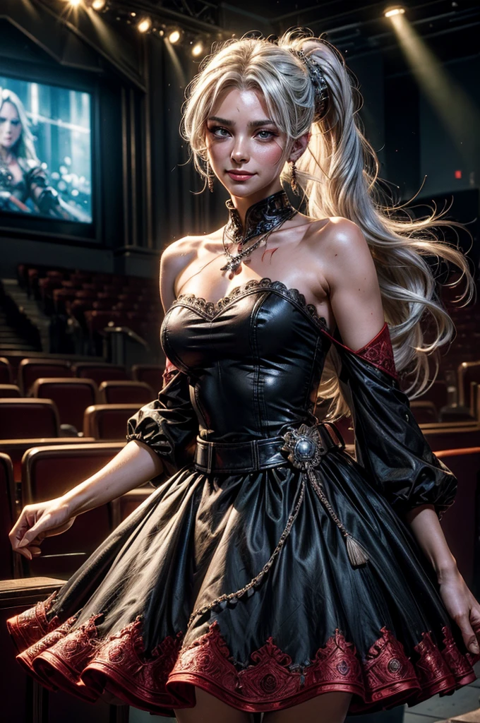 (masterpiece, best quality:1.2), cowboy shot, weissvale, smile, closed mouth, looking at viewer, long white hair, side ponytail, scar above eye, scar below eye, red gala dress, jewelry, necklace, earrings, future_urban, standing in theater, microphone, orchestra, audience, crowd, (volumetric lighting), intricate details, tonemapping, sharp focus, hyper detailed