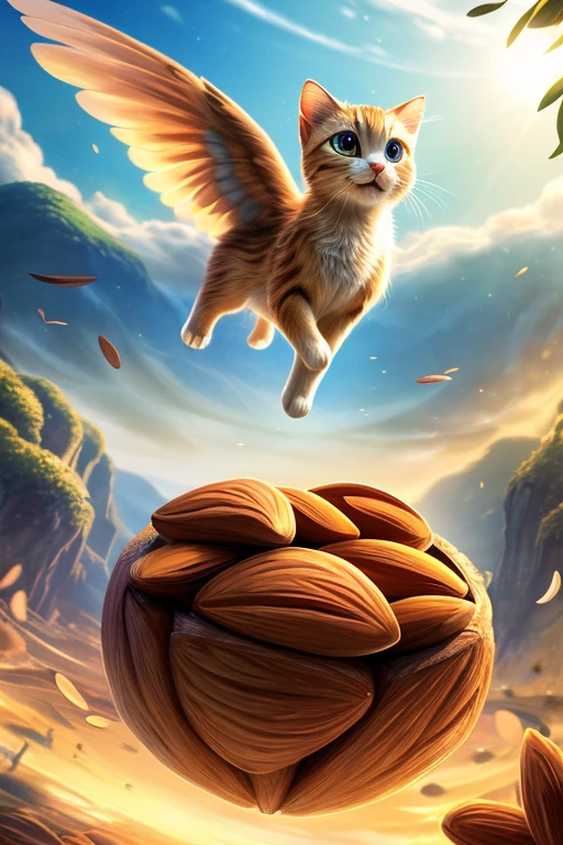 (Highest quality、masterpiece、8k))、Anatomically correct、Very detailed、High resolution、Realistic、((Beautiful, bright, almond-shaped, detailed eyes))、Intricate details、Cinematic lighting、((Dynamic composition))、Eight cute kittens with bird wings、Floating Island