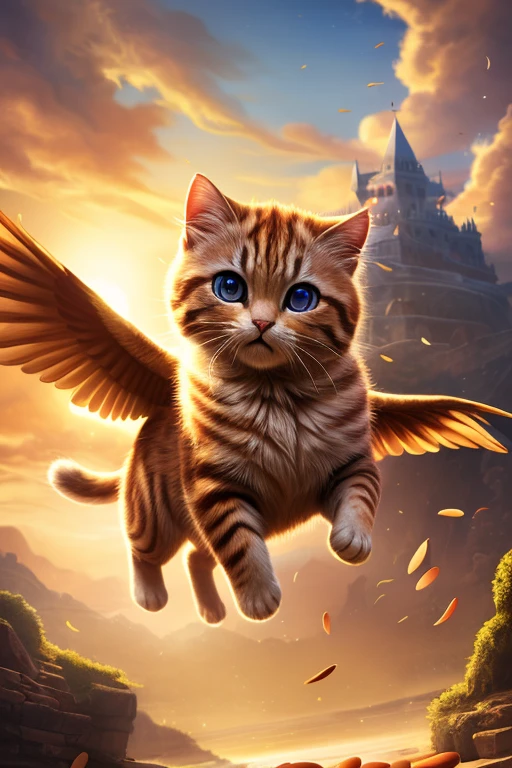 (Highest quality、masterpiece、8k))、Anatomically correct、Very detailed、High resolution、Realistic、((Beautiful, bright, almond-shaped, detailed eyes))、Intricate details、Cinematic lighting、((Dynamic composition))、Eight cute kittens with bird wings、Floating Island