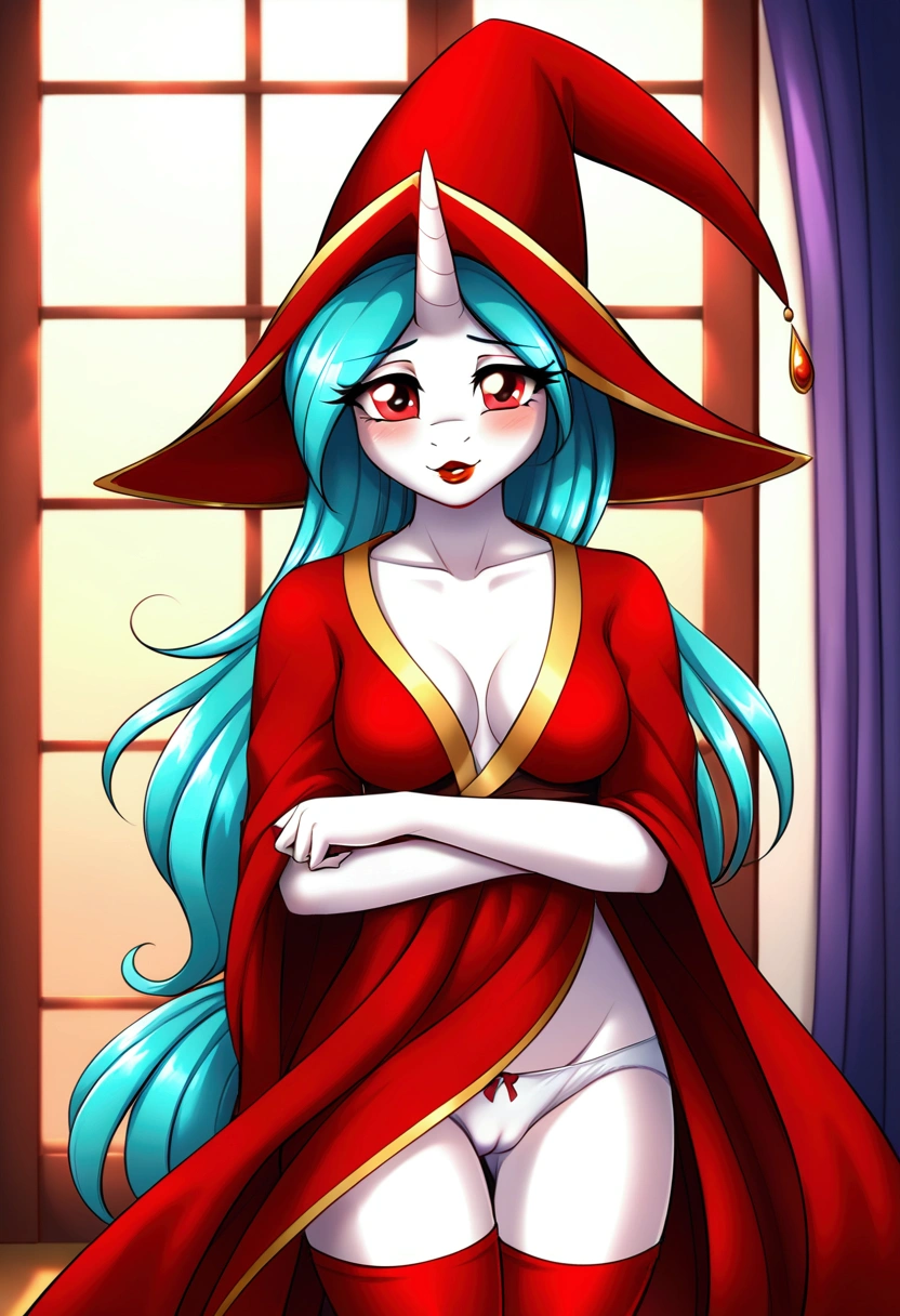 (My little pony), anthro, ((turquoise to white hair gradient)), white body, red eyes, medium breasts, red lips, perfect lines, beautiful quality, room, very shy, ((red mage robe)), mage hat, radiant light, red stockings, white panties, cameltoe, erotic magazine pose