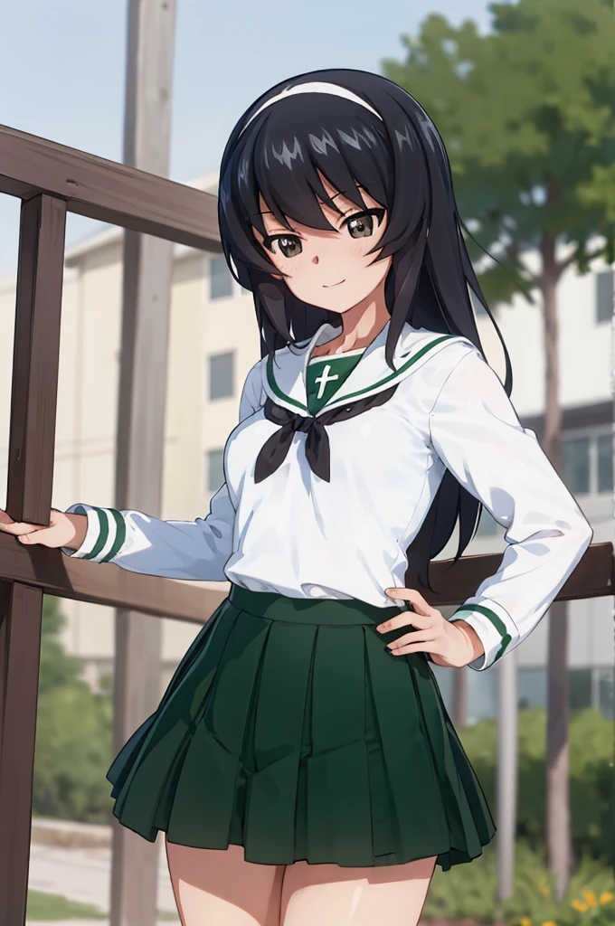 masterpiece,best quality, 1girl,solo,girls und panzer, reizei mako,long hair, small breasts, white hairband, ooarai ,white shirt,black handkerchief,green skirt, outdoors, school, cowboy shot