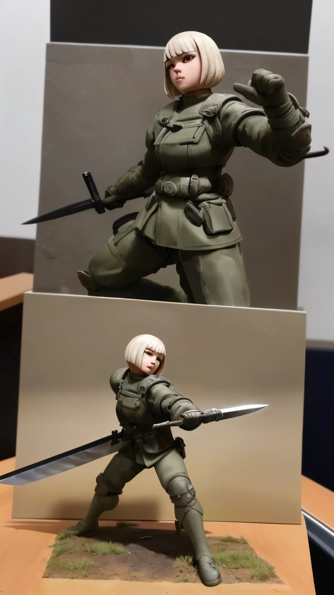 Masterpiece, Tabletop Figures, Highest quality, 4K, The face is precise(((must))), concept art, best shot, Holding a beautifully decorated long sword, The pose is a Iai-nuki stance., head to toe((must)), There is a pedestal at the foot, A photo taken from a low angle of a gray haired Russian girl in her early 20s, Wearing jet black protector, cutting edge protective gear, The background is a battlefield diorama, Ilya Kuvshinov's style