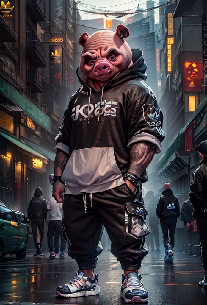 ((photo and gross)), (((first work))), Anthropomorphic humanoid pig, using (((adidas streetwear))), walking furiously among the people, intricate details, intricate Greebles pieces, city behind, muscled body, ((big muscles)), muscular arms, (Small head), monstrous ogre, Titan soft lighting, hyperrealistic, soft illuminaotion, sinister atmosphere, adidas shoes --auto