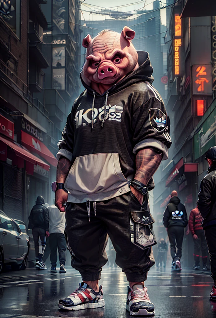 ((photo and gross)), (((first work))), Anthropomorphic humanoid pig, using (((adidas streetwear))), walking furiously among the people, intricate details, intricate Greebles pieces, city behind, muscled body, ((big muscles)), muscular arms, (Small head), monstrous ogre, Titan soft lighting, hyperrealistic, soft illuminaotion, sinister atmosphere, adidas shoes --auto
