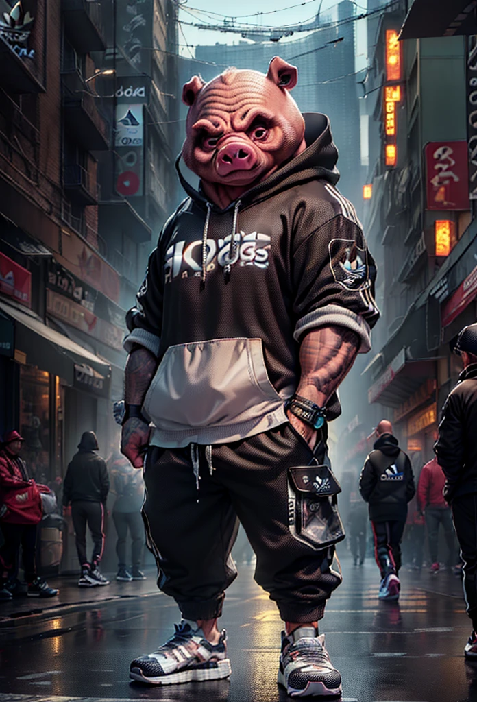((photo and gross)), (((first work))), Anthropomorphic humanoid pig, using (((adidas streetwear))), walking furiously among the people, intricate details, intricate Greebles pieces, city behind, muscled body, ((big muscles)), muscular arms, (Small head), monstrous ogre, Titan soft lighting, hyperrealistic, soft illuminaotion, sinister atmosphere, adidas shoes --auto