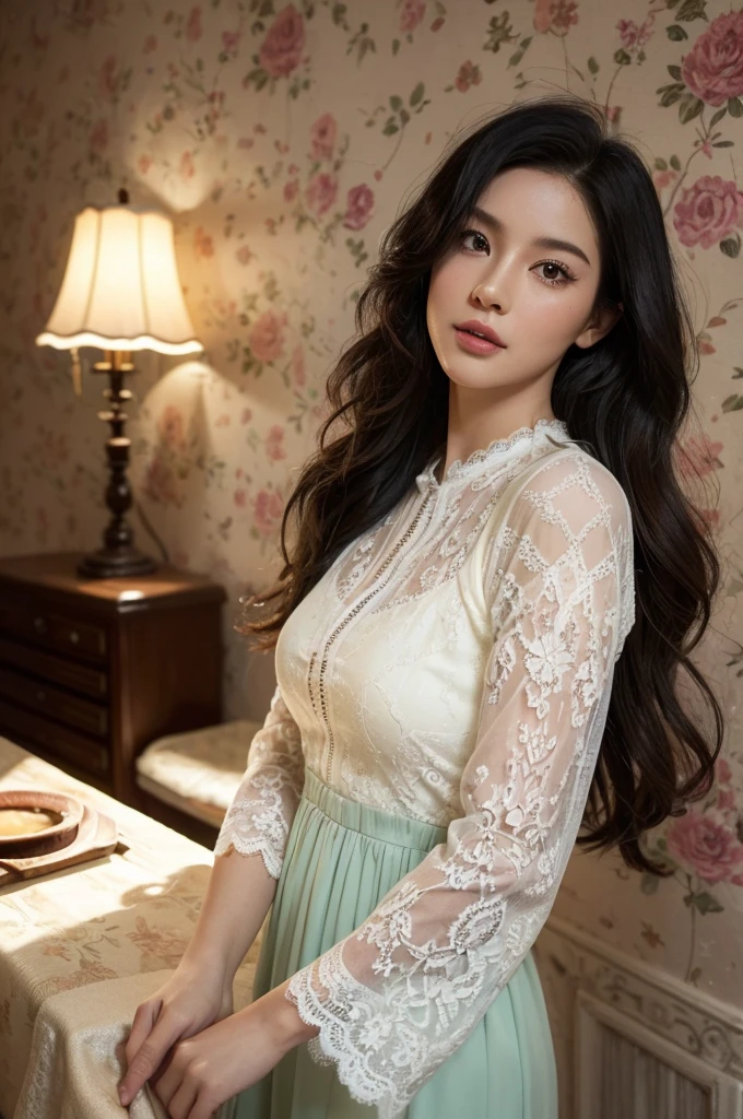 a stunningly realistic, high resolution 8K photo of a beautiful 30-year-old woman, ((messy side wave long hair)), and a glamorous figure, dramatic lighting, masterpiece, immersive atmosphere, chiaroscuro:(1.5, bright light:1.2, luminous lighting), (background blur:1.5), blurring, best quality, photorealistic, ultra-detailed, HDR, physically-based rendering, studio lighting, vivid colors, bokeh, (real skin texture:1.3), high contrast, (Fuji Color:1.5), Film grain, seductive detailed eyes and face, dynamic lighting, in the dark, deep shadow, low key, cowboy shot, Light on Face, very detailed lips, Detailed eyes, City Street,hyperdetailed face, very detailed lips, Detailed eyes, (Wear clothes that show the lines of your body),(Lace costumes:1.2), Retro atmosphere, perhaps vintage decor with pastel colors. An old living room with walls decorated with retro wallpaper, wooden furniture, vintage accessories. A warm and intimate atmosphere.