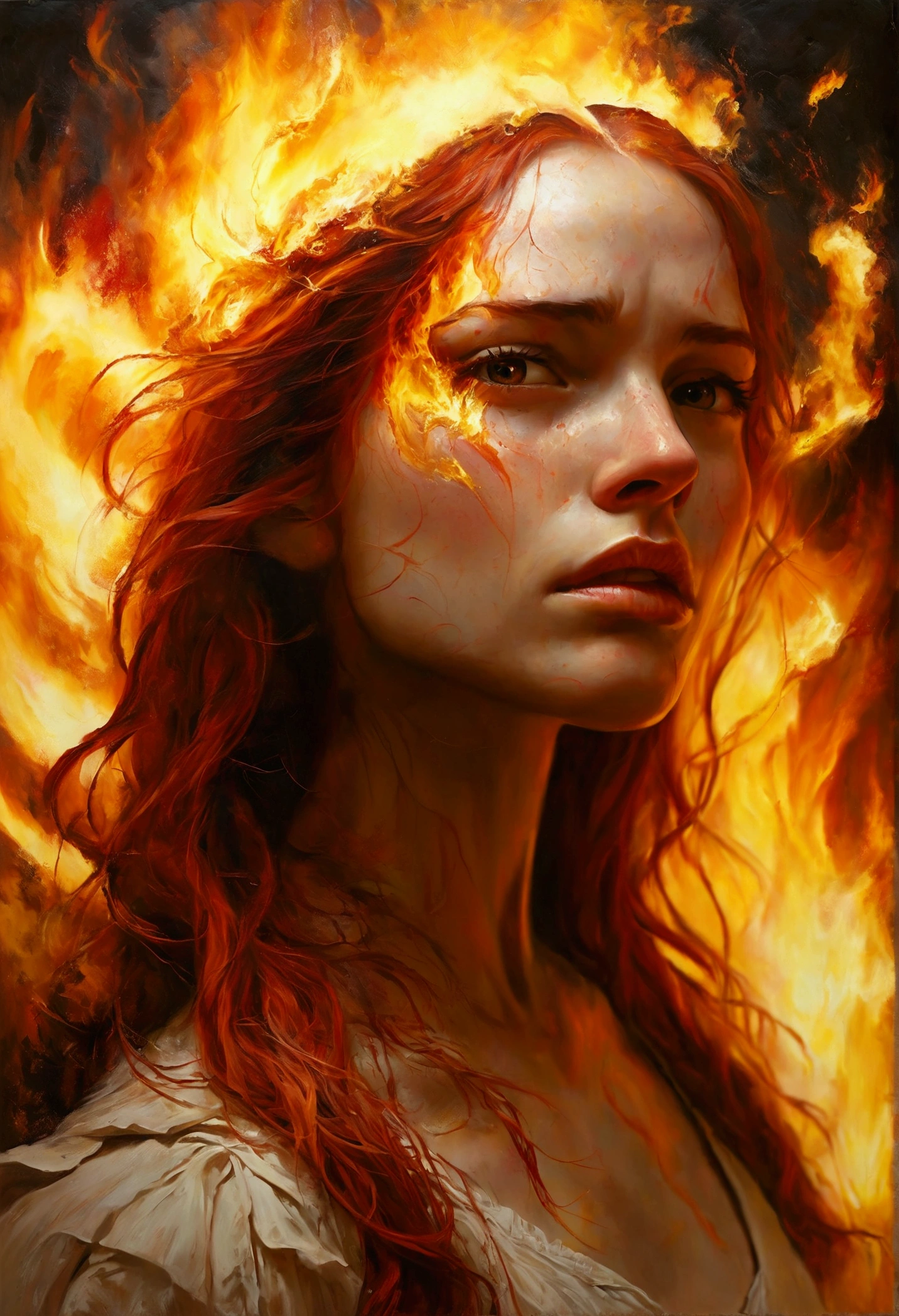 She creates a detailed and expressive painting of a woman representing the element of fire with long red hair in the foreground. The woman should be centred in the image with her head slightly tilted back, her eyes show a great expression of sadness, longing and too much anger with tears rolling down her cheeks, these tears have golden tones on her face; she reflects the intensity of the emotions in her eyes as in Cabanel's portrait of The Fallen Angel. His face should be centred towards the camera. His shoulders should be visible, while the rest of his body remains outside the frame. The background should present the element of fire that he forms with ash-like elements behind his head, composed of an iconic element of solar devastation in dark orange and dark yellow tones as the extinguished flames create an intense and radiant effect against a black background. The background should be powerful, showing her fury and energy, giving a juxtaposition between the expression of the woman's face and the background of chaos. The hair should give a sense of movement and energy like the wind. Use dramatic lighting to highlight the woman's face and hair, creating a strong contrast with the fiery background. The artistic style should focus on intricate details and ethereal elements, ensuring that the overall composition looks divine and otherworldly. Keep the warmth of the colours and fine textures to faithfully reproduce the image provided, allowing the figure to be substituted for another, but retaining the background and overall style.
