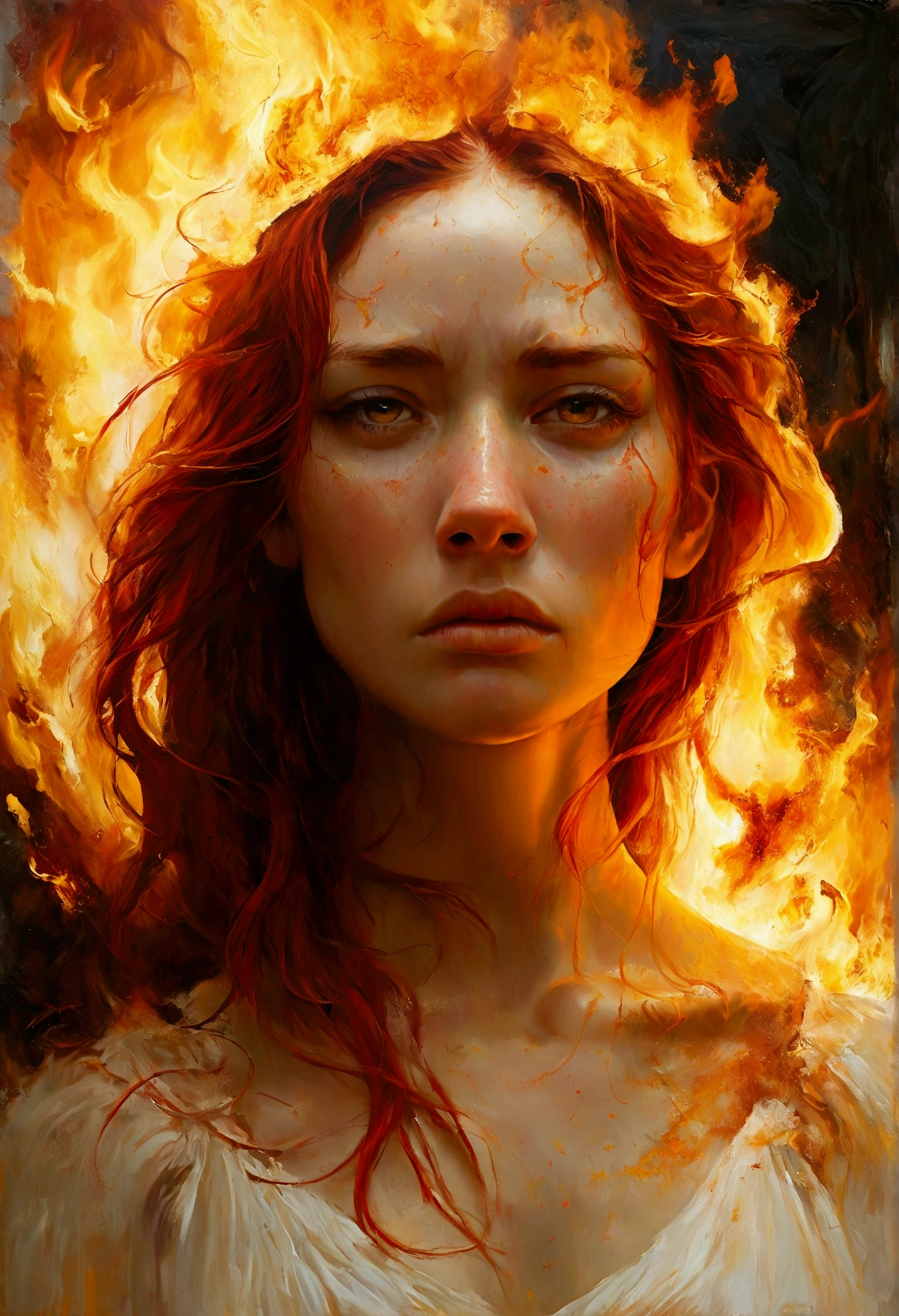 She creates a detailed and expressive painting of a woman representing the element of fire with long red hair in the foreground. The woman should be centred in the image with her head slightly tilted back, her eyes show a great expression of sadness, longing and too much anger with tears rolling down her cheeks, these tears have golden tones on her face; she reflects the intensity of the emotions in her eyes as in Cabanel's portrait of The Fallen Angel. His face should be centred towards the camera. His shoulders should be visible, while the rest of his body remains outside the frame. The background should present the element of fire that he forms with ash-like elements behind his head, composed of an iconic element of solar devastation in dark orange and dark yellow tones as the extinguished flames create an intense and radiant effect against a black background. The background should be powerful, showing her fury and energy, giving a juxtaposition between the expression of the woman's face and the background of chaos. The hair should give a sense of movement and energy like the wind. Use dramatic lighting to highlight the woman's face and hair, creating a strong contrast with the fiery background. The artistic style should focus on intricate details and ethereal elements, ensuring that the overall composition looks divine and otherworldly. Keep the warmth of the colours and fine textures to faithfully reproduce the image provided, allowing the figure to be substituted for another, but retaining the background and overall style. 