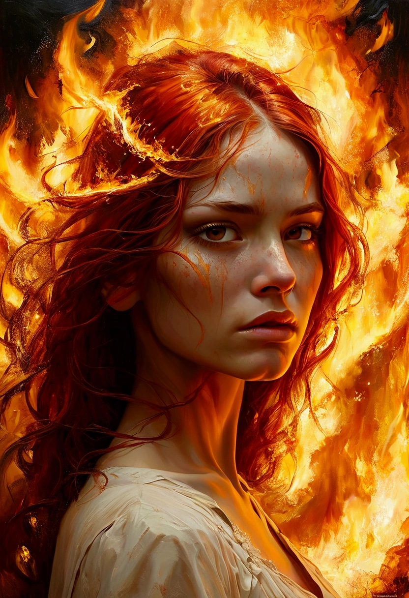 She creates a detailed and expressive painting of a woman representing the element of fire with long red hair in the foreground. The woman should be centred in the image with her head slightly tilted back, her eyes show a great expression of sadness, longing and too much anger with tears rolling down her cheeks, these tears have golden tones on her face; she reflects the intensity of the emotions in her eyes as in Cabanel's portrait of The Fallen Angel. His face should be centred towards the camera. His shoulders should be visible, while the rest of his body remains outside the frame. The background should present the element of fire that he forms with ash-like elements behind his head, composed of an iconic element of solar devastation in dark orange and dark yellow tones as the extinguished flames create an intense and radiant effect against a black background. The background should be powerful, showing her fury and energy, giving a juxtaposition between the expression of the woman's face and the background of chaos. The hair should give a sense of movement and energy like the wind. Use dramatic lighting to highlight the woman's face and hair, creating a strong contrast with the fiery background. The artistic style should focus on intricate details and ethereal elements, ensuring that the overall composition looks divine and otherworldly. Keep the warmth of the colours and fine textures to faithfully reproduce the image provided, allowing the figure to be substituted for another, but retaining the background and overall style.