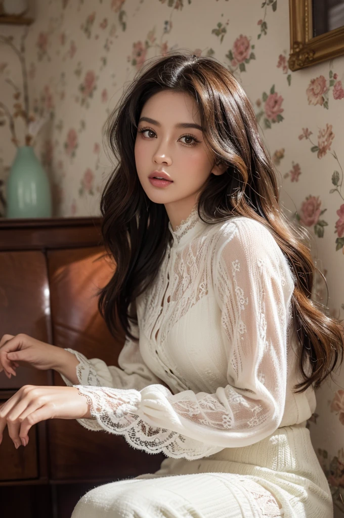a stunningly realistic, high resolution 8K photo of a beautiful 30-year-old woman, ((messy side wave long hair)), and a glamorous figure, dramatic lighting, masterpiece, immersive atmosphere, chiaroscuro:(1.5, bright light:1.2, luminous lighting), (background blur:1.5), blurring, best quality, photorealistic, ultra-detailed, HDR, physically-based rendering, studio lighting, vivid colors, bokeh, (real skin texture:1.3), high contrast, (Fuji Color:1.5), Film grain, seductive detailed eyes and face, dynamic lighting, in the dark, deep shadow, low key, cowboy shot, Light on Face, very detailed lips, Detailed eyes, City Street,hyperdetailed face, very detailed lips, Detailed eyes, (Wear clothes that show the lines of your body),(Lace costumes:1.2), Retro atmosphere, perhaps vintage decor with pastel colors. An old living room with walls decorated with retro wallpaper, wooden furniture, vintage accessories. A warm and intimate atmosphere.