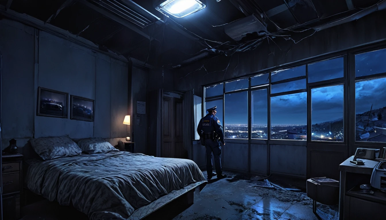 A man peered out of his window into the midnight darkness, observing police cars patrolling the streets below from the confines of his pitch-black bedroom. The faint glow of street lamps outlined the silent procession of law enforcement vehicles, their red and blue lights casting intermittent shadows on the quiet pavement. The cold night air seeped through the cracked window, carrying distant echoes of footsteps and the occasional murmur of radio chatter from the officers on duty. From his vantage point, the man watched with a mixture of curiosity and apprehension, feeling a palpable sense of security in the presence of the vigilant patrol amidst the otherwise stillness of the late hour, Landscape,, HDR, High Detailed, dark room.