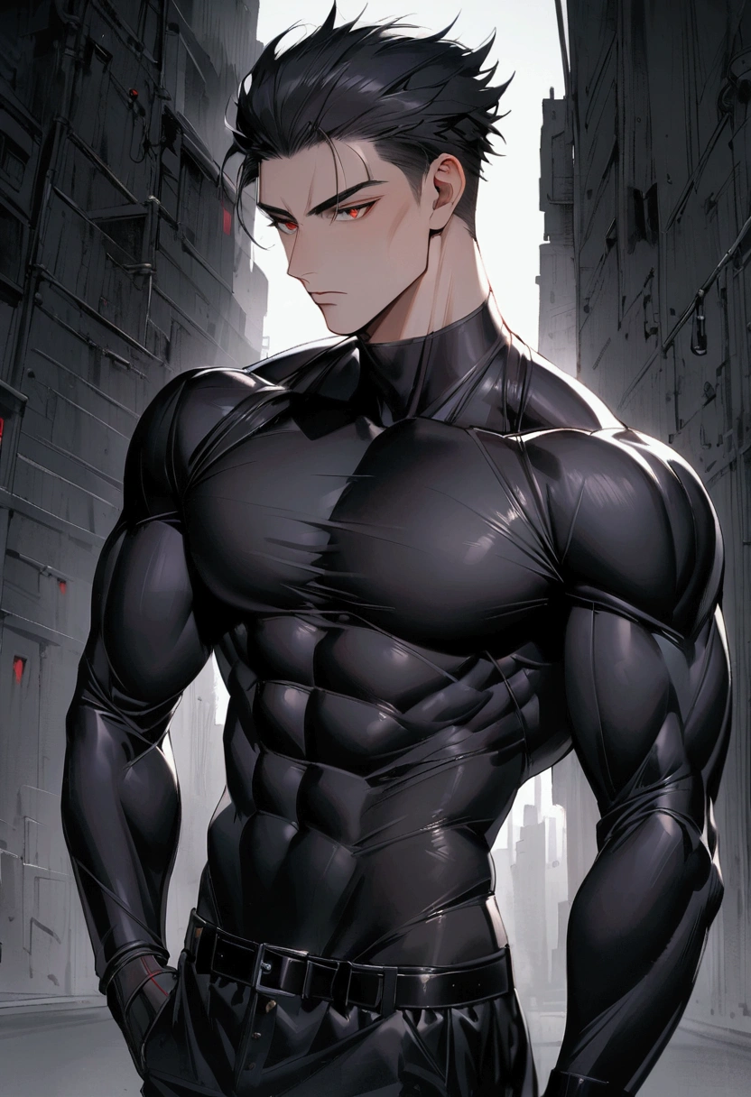 masculine man, tall, muscular, long-sleeved sports shirt made of black lycra, short black hair combed back and red eyes, black belt and black gloves, slim, 24 years old