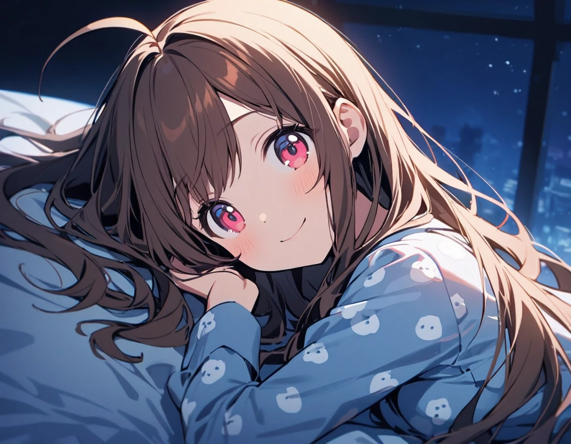 1girl,brown hair,medium_long hair,ahoge,pinkred eyes,tareme,medium breasts,smile,upper body,Pajamas,lying on bed,laying on one side,side view,looking at viewer,upper body,midnight,blue theme