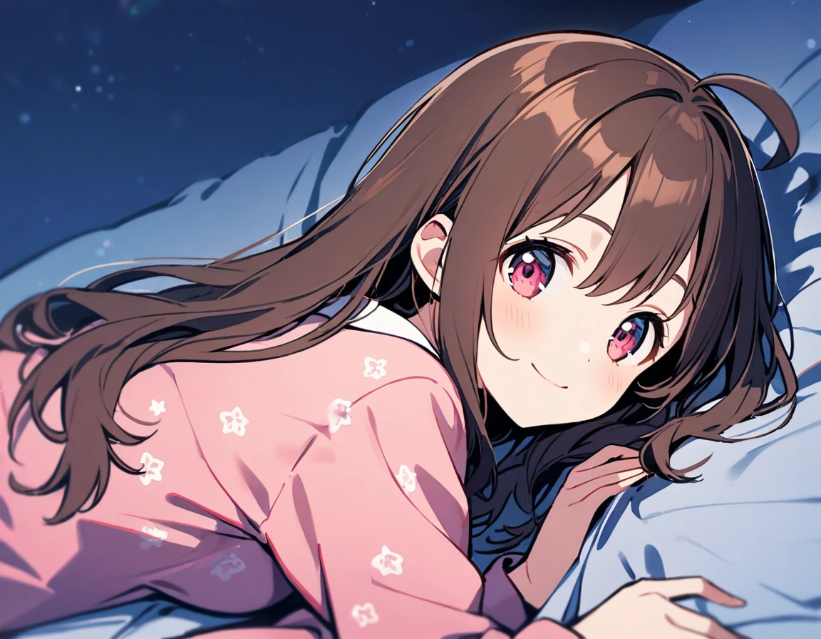 1girl,brown hair,medium_long hair,ahoge,pinkred eyes,tareme,medium breasts,smile,upper body,Pajamas,lying on bed,laying on one side,side view,looking at viewer,upper body,midnight,blue theme