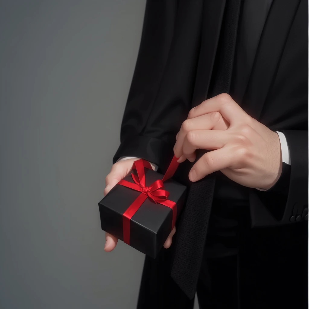 someone is holding a black gift with a red ribbon in his hand, giving Gifts to people, holding a gift, Gifts, wear robes and ties, In a black suit, In a black noble suit, Wear a black robe, In a black suit, Wear a black robe, in a black and red suit, wear a black shirt, мужчина In a black suit, presents