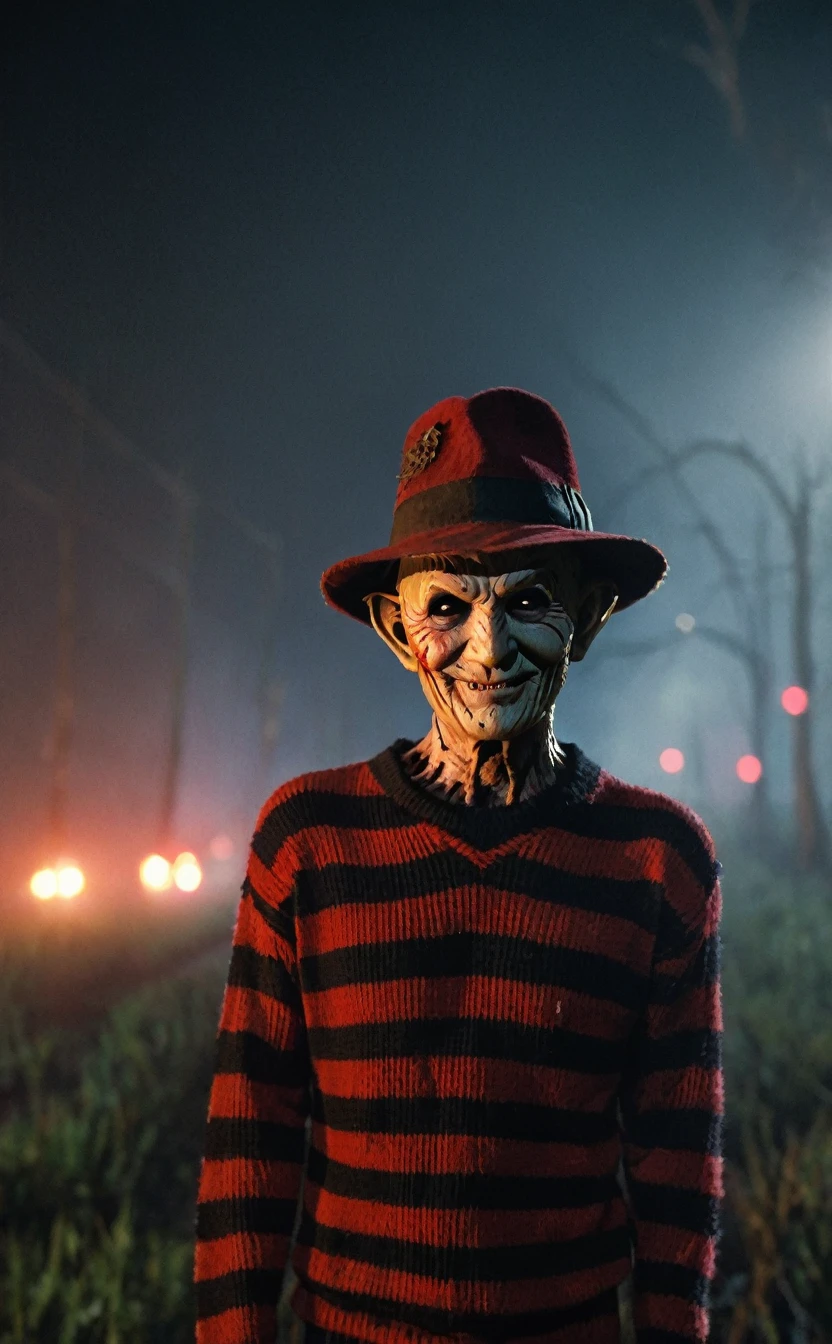 8k、Dark fantasy、Foggy night city、Ultra HD、Amazing image quality,4k、A Nightmare on Elm Street、Freddy Krueger、Wearing a hat、Burned Skin、Fearless smile,Red and black striped sweater、nails are long、Full Body Shot,Give the viewer a malicious look, Grabbing Viewer, For the viewer,Misty marshland background,Shallow depth of field, Vignette, Very detailed, High budget, Bokeh, CinemaScope, Sulky, amazing, nice, Film Grain, granular . Creepy, Anxious, dark, Creepyな, Suspenseful, strict, Very detailed